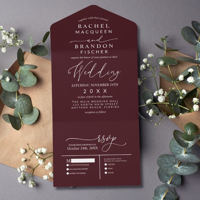 Modern Minimalist Elegant Burgundy White Wedding All In One Invitation (Creator Uploaded)