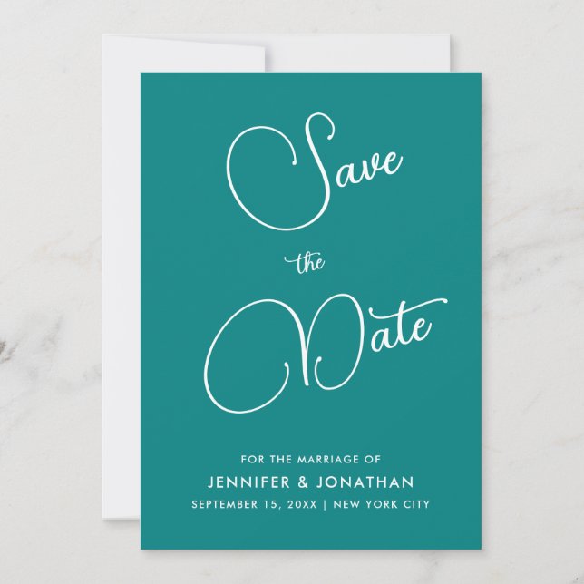 Modern Minimalist Elegant Calligraphy Teal Simple Save The Date (Front)