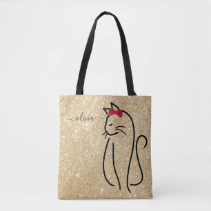 Modern Minimalist Elegant Cat Add Name Tote Bag