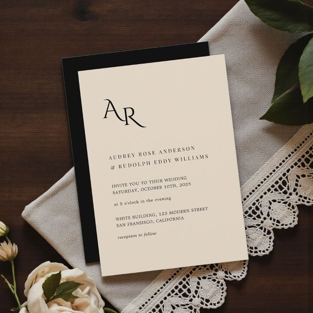 Modern Minimalist Elegant Cream Black Wedding Invitation (Creator Uploaded)