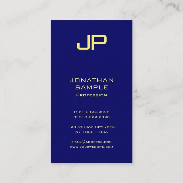 Modern Minimalist Elegant Gold Look Font Navy Blue Business Card (Front)