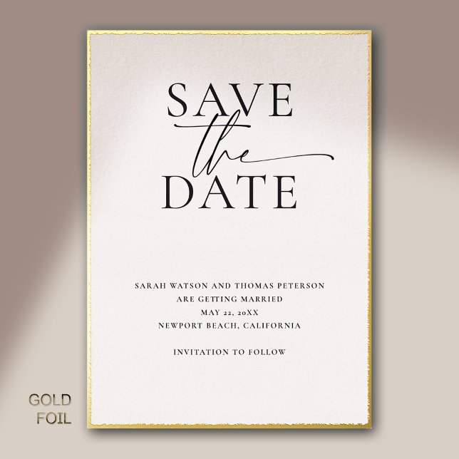 Modern Minimalist Elegant Gold Wedding Save Date (modern minimalist simple wedding save the date typography calligraphy black white gold foil template)