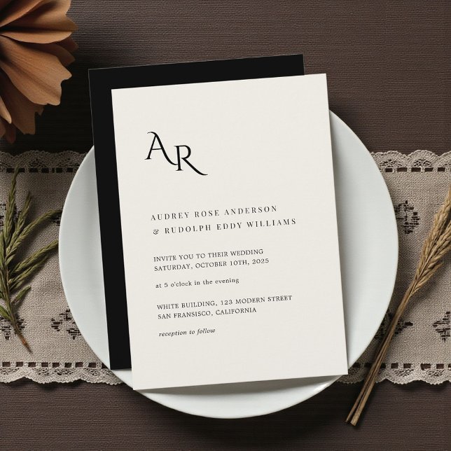 Modern Minimalist Elegant Ivory Black Wedding Invitation (Creator Uploaded)