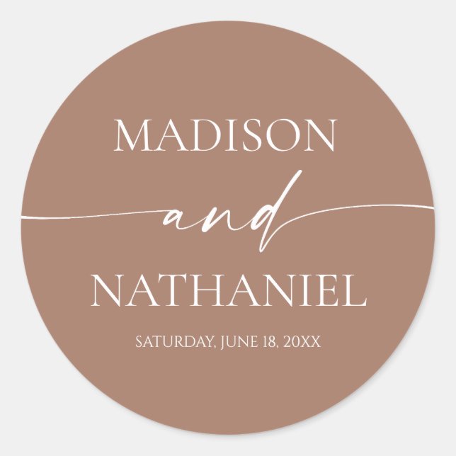 Modern Minimalist Elegant Mocha Mousse Wedding Classic Round Sticker (Front)