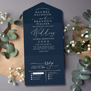 Modern Minimalist Elegant Navy Blue White Wedding  All In One Invitation