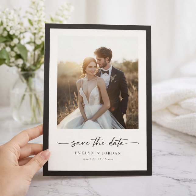 Modern Minimalist Elegant Script Black Frame Photo Save The Date (Creator Uploaded)