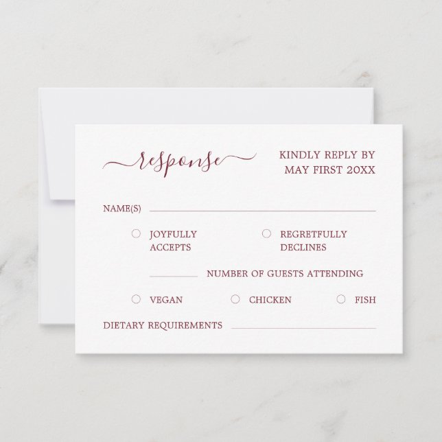 Modern Minimalist Elegant Script Burgundy Red  RSVP Card (Front)