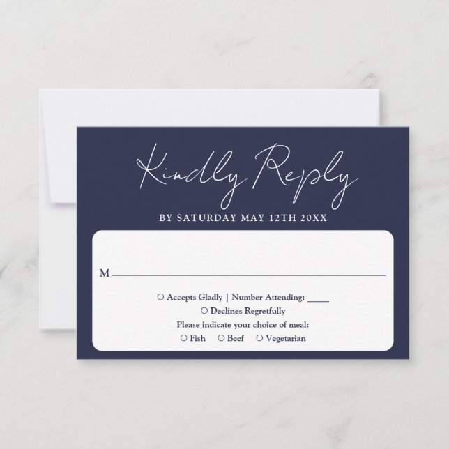 Modern Minimalist Elegant Script Navy Blue Wedding RSVP Card (Front)