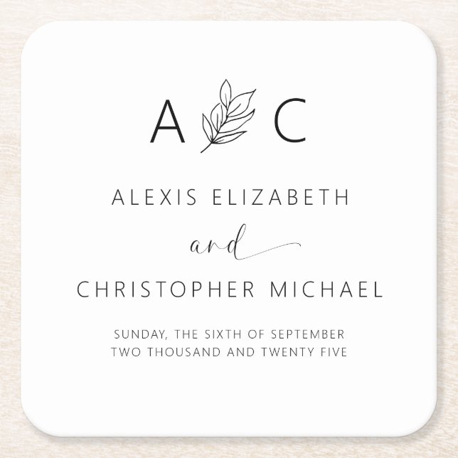 Modern Minimalist Elegant Wedding Square Paper Coaster (Front)
