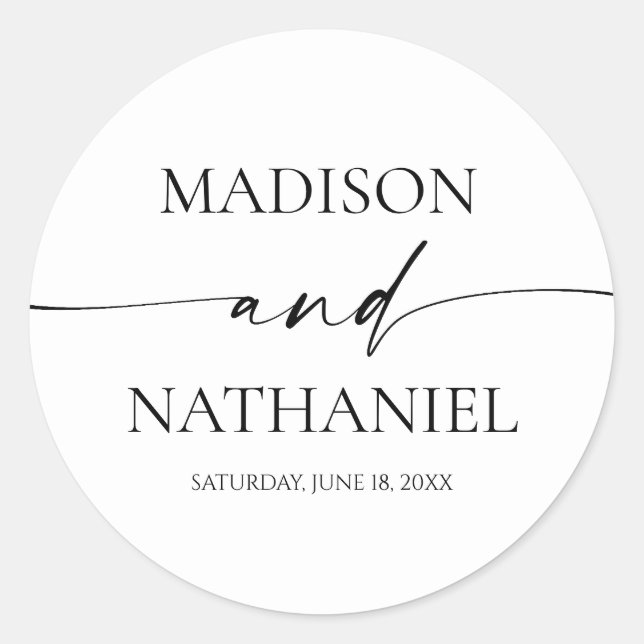 Modern Minimalist Elegant White Black Wedding Classic Round Sticker (Front)