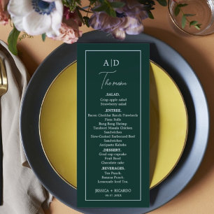 Modern Minimalist Emerald green monogram Wedding Menu