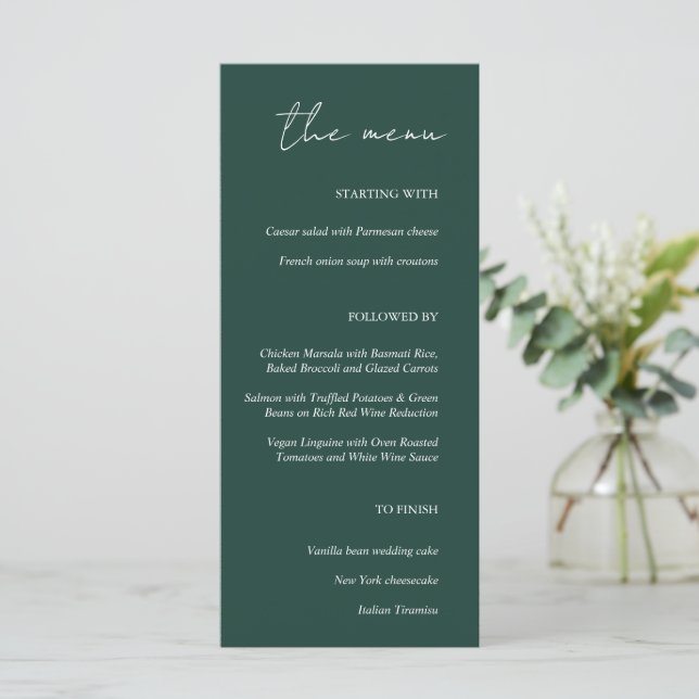 Modern Minimalist Emerald Green Wedding Menu (Standing Front)