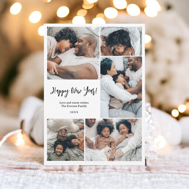 Modern minimalist family 6 photos Happy New Year Holiday Card (Modern minimalist family 6 photos Happy New Year Holiday Card black white)