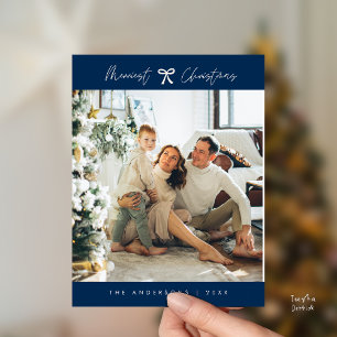 Modern Minimalist Family Photo Navy Blue Bow theme Postcard