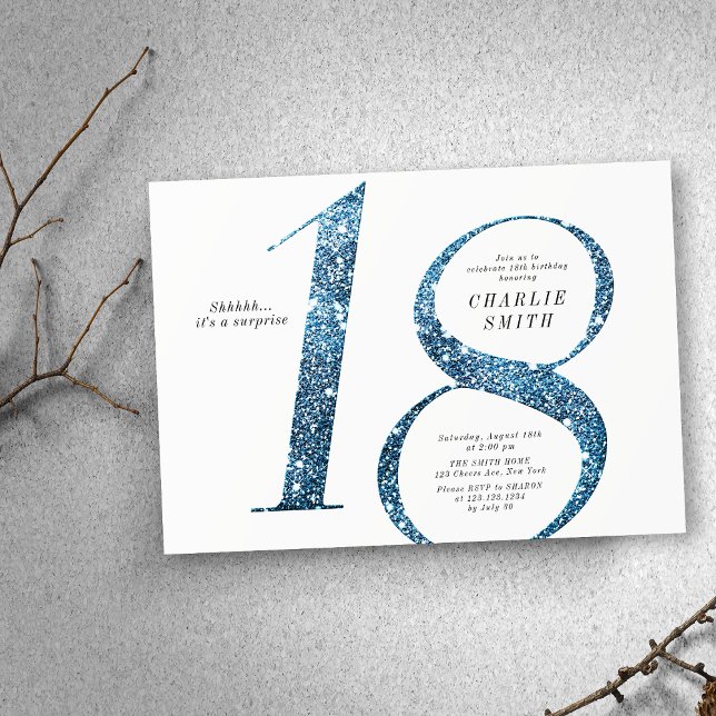 Modern minimalist faux blue glitter 18th birthday invitation (Modern minimalist faux blue glitter 18th birthday invitation)