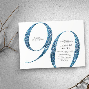 Modern minimalist faux blue glitter 90th birthday invitation