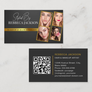 Modern Minimalist Faux Gold 4 Photos Hair Stylist Business Card