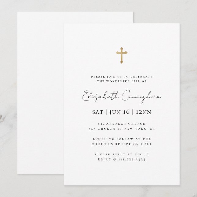 Modern Minimalist Faux Gold Cross Memorial Funeral Invitation (Front/Back)