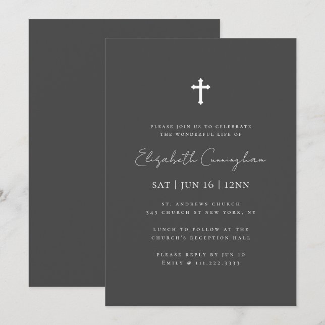 Modern Minimalist Faux Gold Cross Memorial Funeral Invitation (Front/Back)