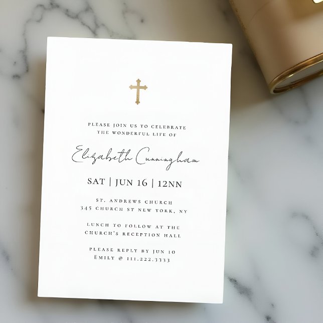 Modern Minimalist Faux Gold Cross Memorial Funeral Invitation (Creator Uploaded)