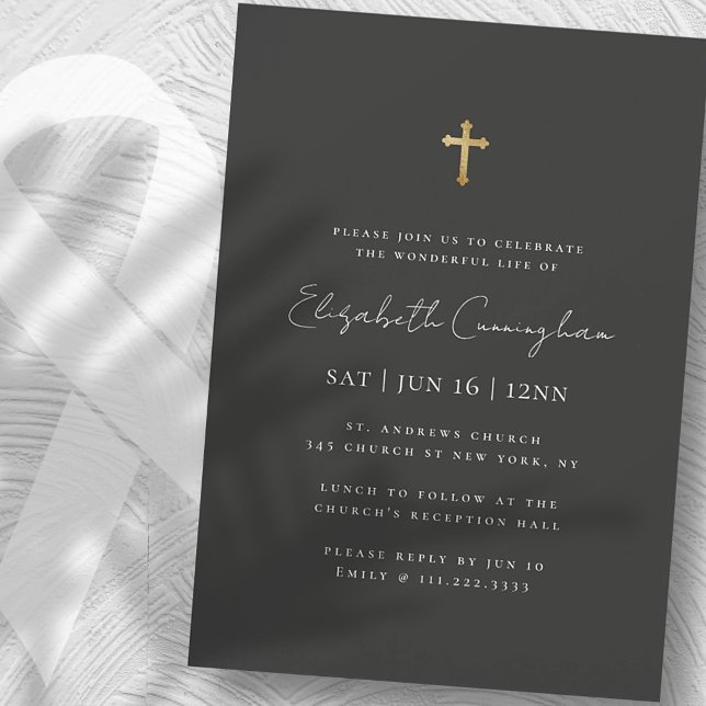 Modern Minimalist Faux Gold Cross Memorial Funeral Invitation (Creator Uploaded)