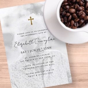 Modern Minimalist Faux Gold Cross Photo Memorial Invitation