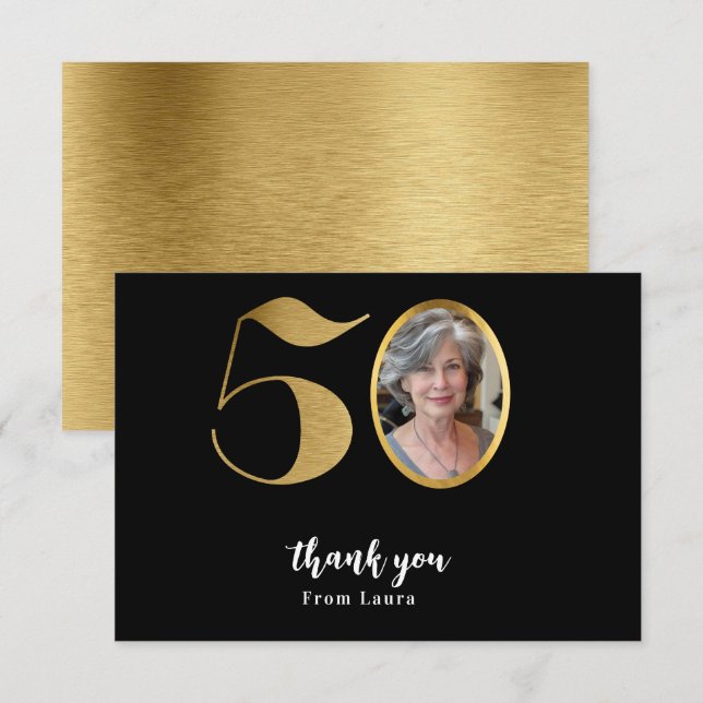 Modern minimalist faux gold glitter 50th birthday thank you card (Front/Back)