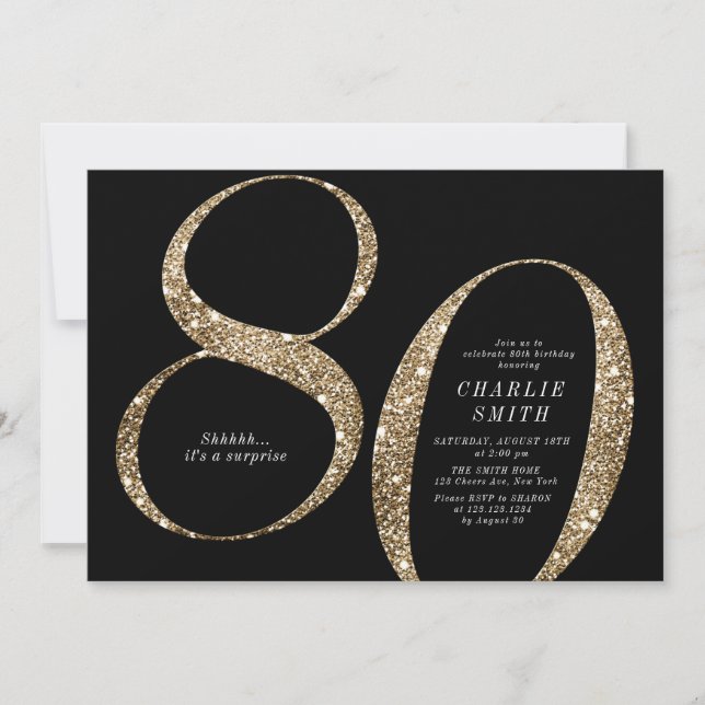Modern minimalist faux gold glitter 80th birthday invitation (Front)