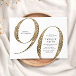 Modern minimalist faux gold glitter 90th birthday invitation<br><div class="desc">Modern minimalist 90th birthday party invitation features stylish faux gold glitter number 90 and your party details in classic serif font,   simple and elegant,  great surprise adult milestone birthday invitation.  
the background colour can be changed to any colour of your choice.</div>