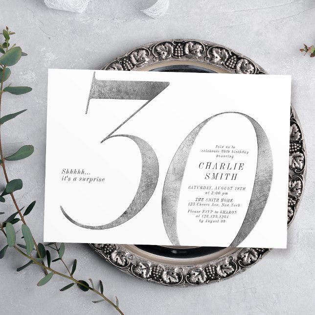 Modern minimalist faux silver 30th birthday invitation (Modern minimalist faux silver 30th birthday invitation)
