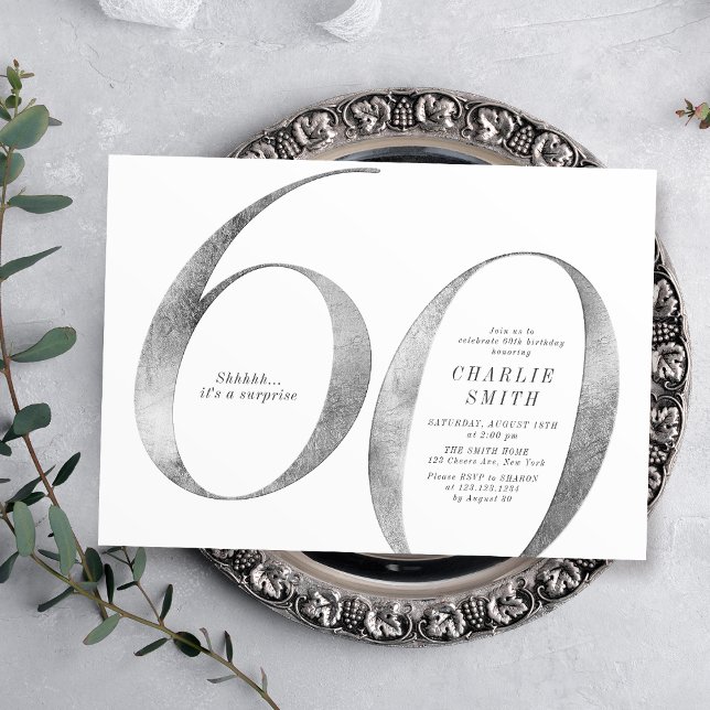 Modern minimalist faux silver 60th birthday invitation (Modern minimalist faux silver 60th birthday invitation)