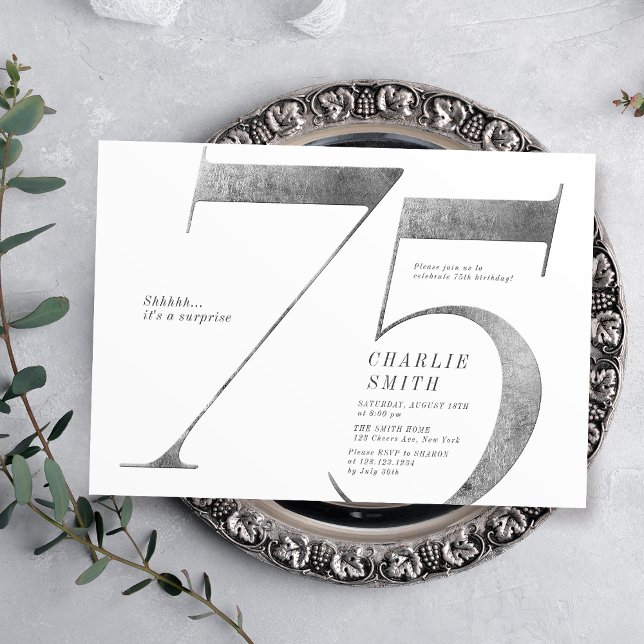 Modern minimalist faux silver 75th birthday invitation (Modern minimalist faux silver 75th birthday invitation)