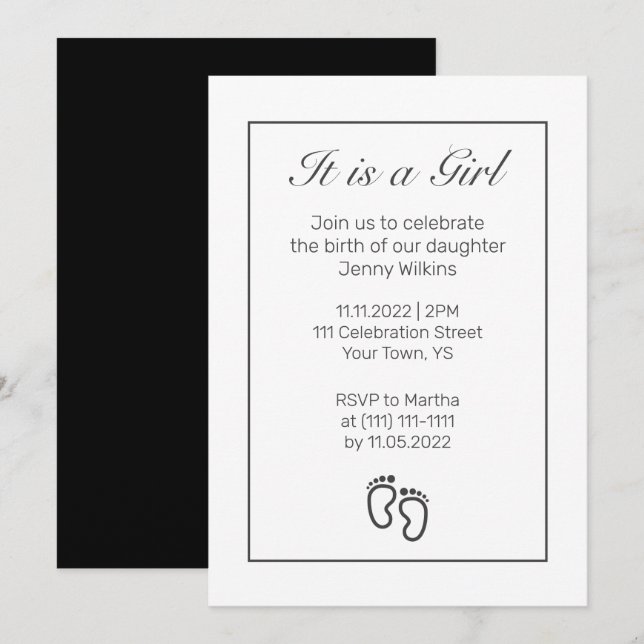 Modern Minimalist Feet Baby Girl Birth Celebration Invitation (Front/Back)