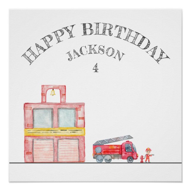 Modern Minimalist Fireman birthday Party Poster (Front)