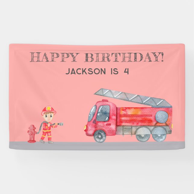 Modern Minimalist Fireman Firetruck Red birthday Banner (Horizontal)