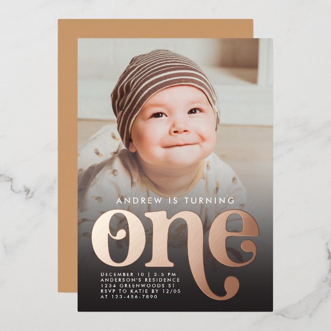 Modern Minimalist First Birthday Photo Rose Gold (Front/Back)