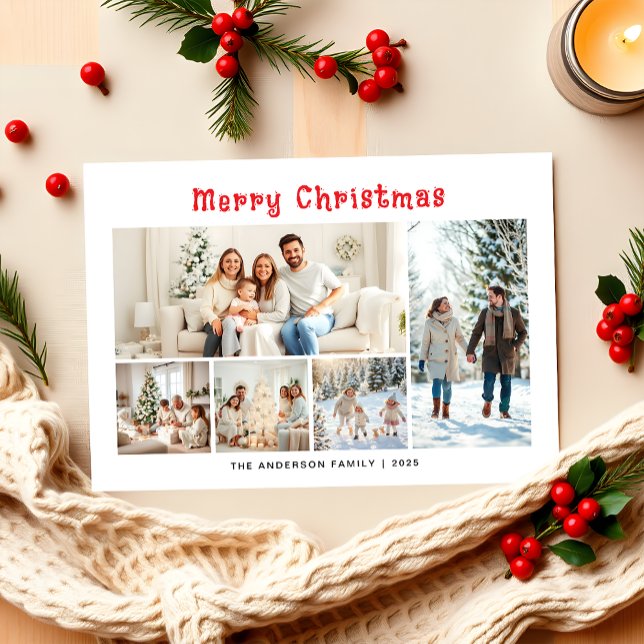 Modern Minimalist Five Photo Collage Christmas Holiday Card (Creator Uploaded)