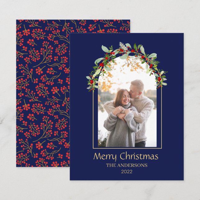 Modern Minimalist Floral Arch Photo Blue Holiday Card (Front/Back)