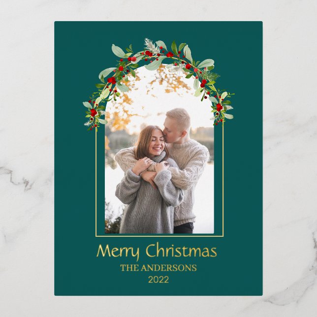 Modern Minimalist Floral Arch Photo Green  Foil Holiday Postcard (Front)