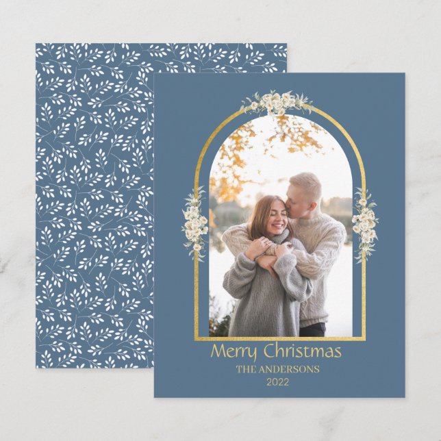 Modern Minimalist Floral Arch Photo Grey Holiday Card (Front/Back)