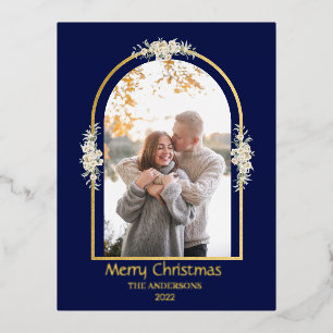 Modern Minimalist Floral Arch Photo Royal Blue Foil Holiday Postcard