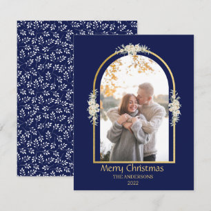 Modern Minimalist Floral Arch Photo Royal Blue Holiday Card