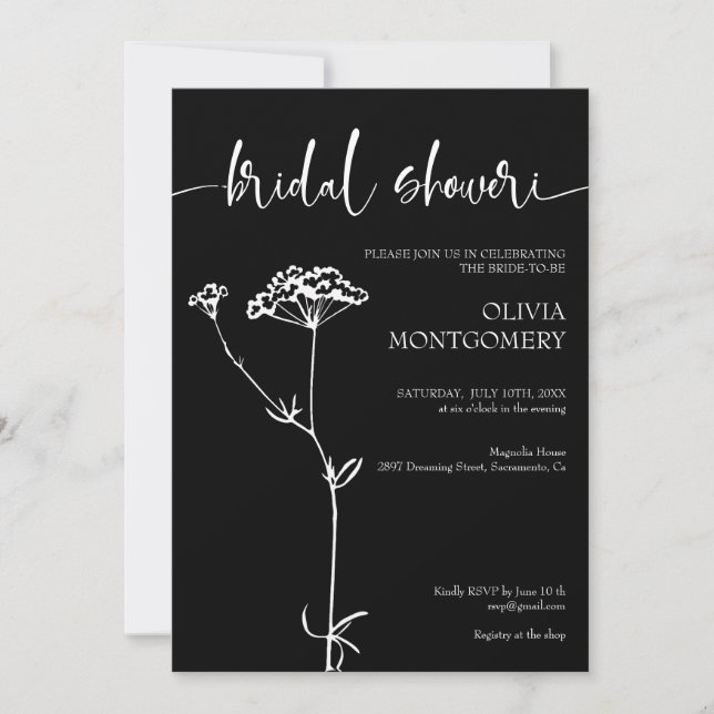 Modern Minimalist Floral Black  Bridal Shower Invitation (Front)