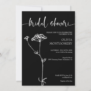 Modern Minimalist Floral Black Bridal Shower Invitation