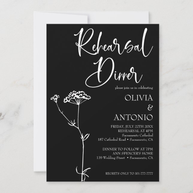  Modern Minimalist Floral Black Rehearsal Dinner  Invitation (Front)