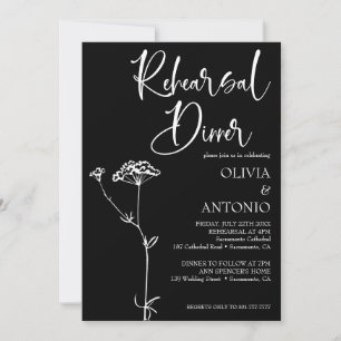  Modern Minimalist Floral Black Rehearsal Dinner  Invitation