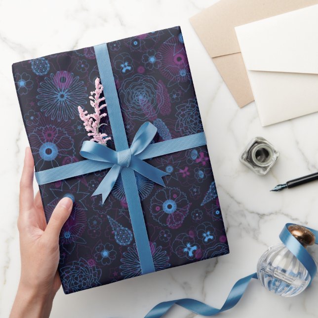 Modern Minimalist Floral Blue & Purple Pattern  Wrapping Paper (Gifting)