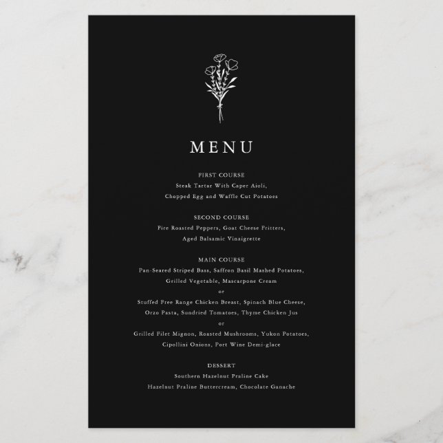 Modern Minimalist Floral Bouquet Black Menu Card (Front)