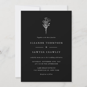 Modern Minimalist Floral Bouquet Black Wedding Invitation