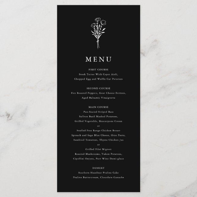 Modern Minimalist Floral Bouquet Black Wedding Menu (Front)